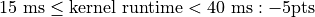 15 \text{ ms} \leq \text{kernel runtime} < 40 \text{ ms} : -5 \text{pts}