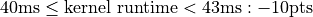 40 \text{ms} \leq \text{kernel runtime} < 43 \text{ms} : -10 \text{pts}